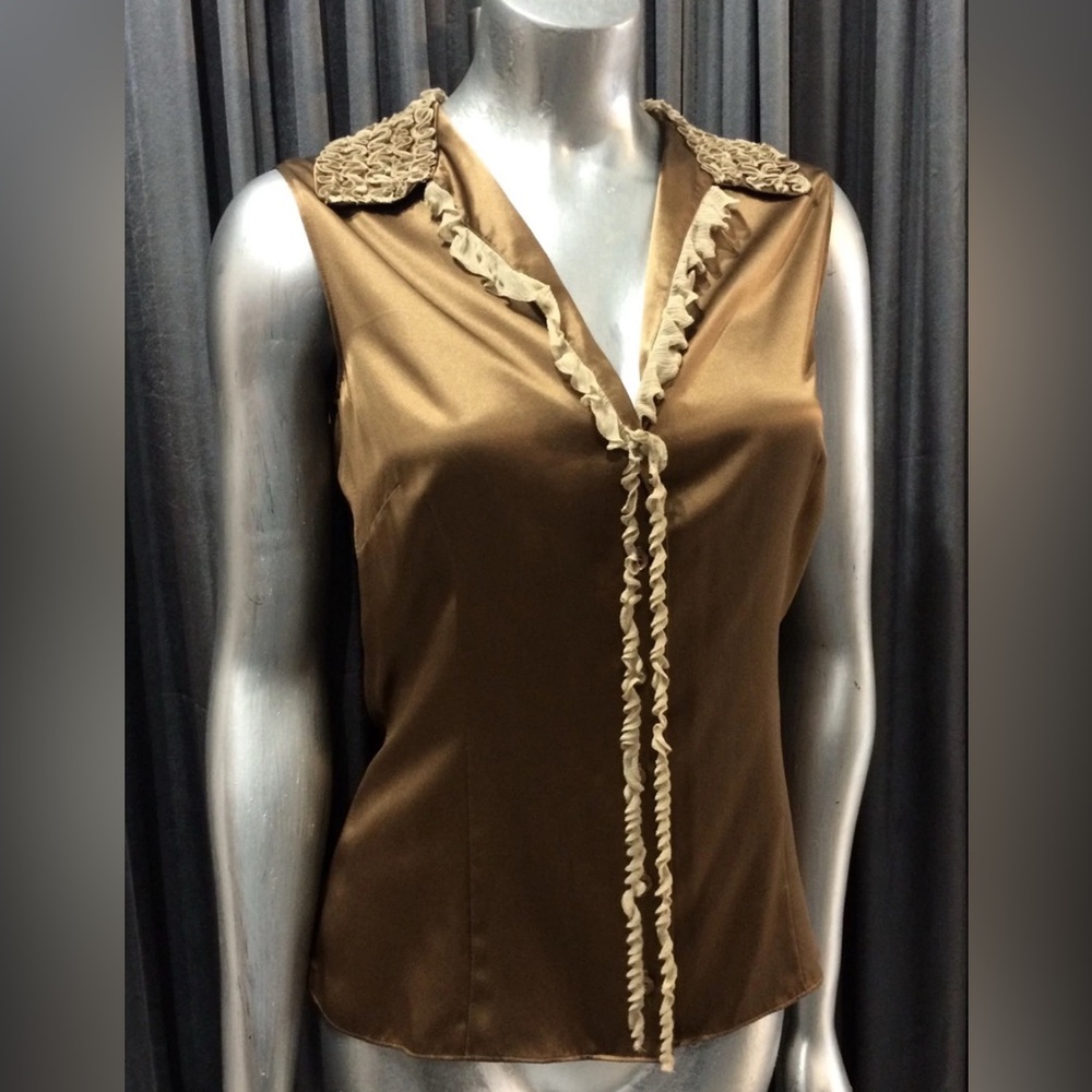MOSCHINO Metallic Bronze Silk Ruffle Sleeveless Blouse Top. Size 10